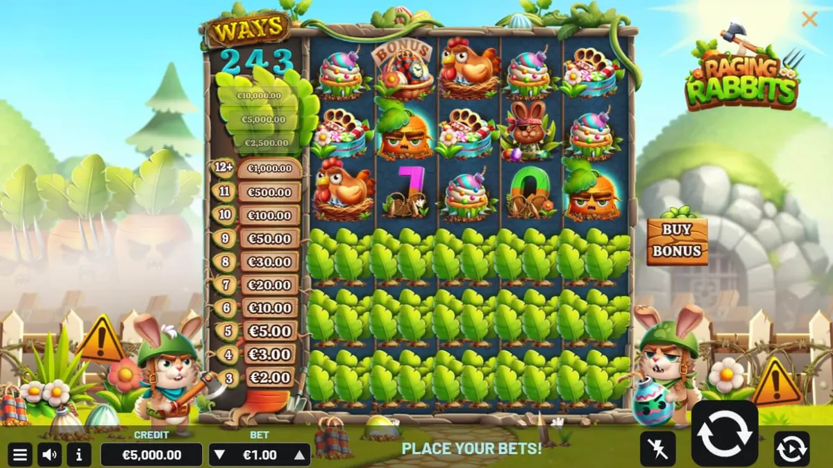 Isang makulay na battlefield scene mula sa Raging Rabbits slot na nagpapakita ng mga cartoon rabbits at explosive elements.